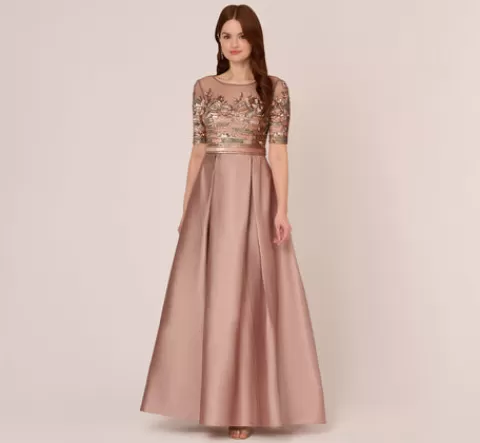 Adrianna Papell Embellished Taffeta Gown With Sheer Elbow Length Sleeves In STONE New