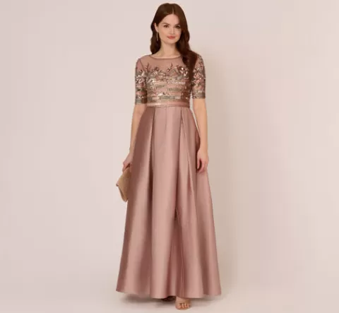Adrianna Papell Embellished Taffeta Gown With Sheer Elbow Length Sleeves In STONE New