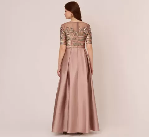 Adrianna Papell Embellished Taffeta Gown With Sheer Elbow Length Sleeves In STONE New