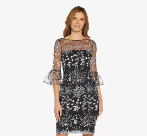 Adrianna Papell Embroidered Three Quarter Sleeve Short Sheath Dress With Bell Sleeves In Blue Multi BLUEMULTI Best