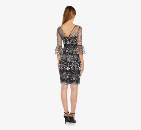 Adrianna Papell Embroidered Three Quarter Sleeve Short Sheath Dress With Bell Sleeves In Blue Multi BLUEMULTI Best