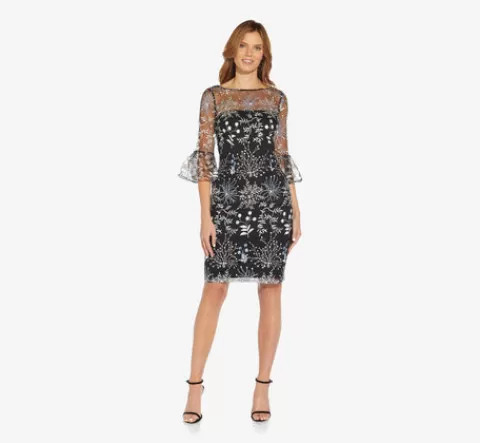 Adrianna Papell Embroidered Three Quarter Sleeve Short Sheath Dress With Bell Sleeves In Blue Multi BLUEMULTI Best