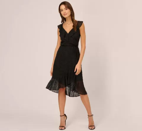 Adrianna Papell Eyelet Faux Wrap Midi Dress With Ruffle Details In BLACK Store