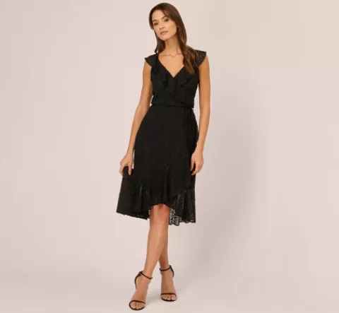 Adrianna Papell Eyelet Faux Wrap Midi Dress With Ruffle Details In BLACK Store