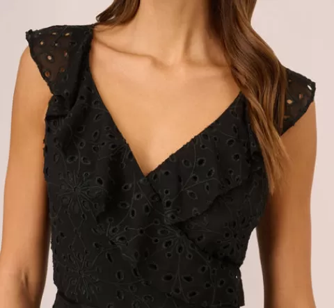 Adrianna Papell Eyelet Faux Wrap Midi Dress With Ruffle Details In BLACK Store