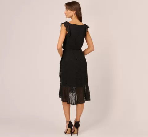 Adrianna Papell Eyelet Faux Wrap Midi Dress With Ruffle Details In BLACK Store