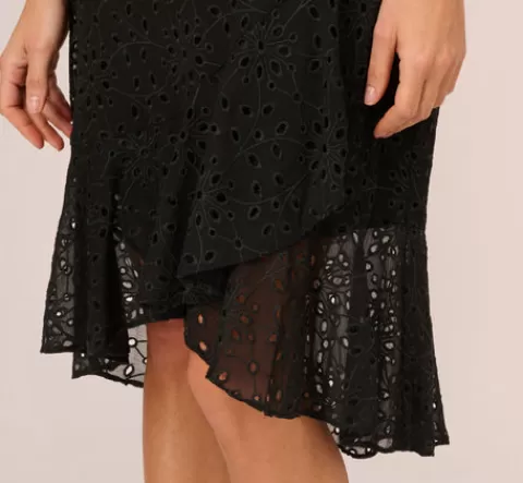 Adrianna Papell Eyelet Faux Wrap Midi Dress With Ruffle Details In BLACK Store