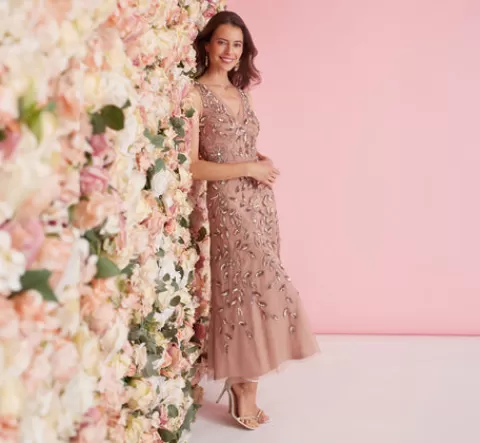 Adrianna Papell Floral Beaded Ankle Length Sleeveless Gown In Rose Gold ROSEGOLD Cheap