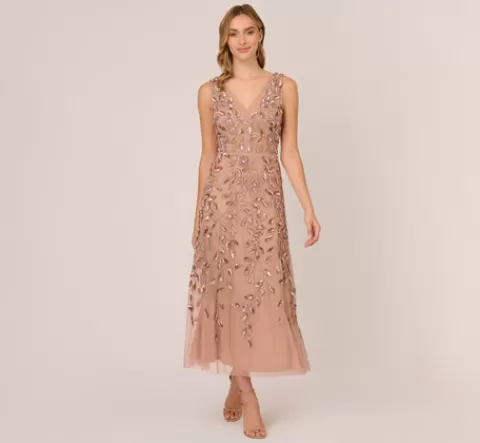 Adrianna Papell Floral Beaded Ankle Length Sleeveless Gown In Rose Gold ROSEGOLD Cheap