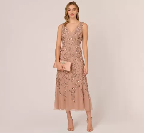 Adrianna Papell Floral Beaded Ankle Length Sleeveless Gown In Rose Gold ROSEGOLD Cheap