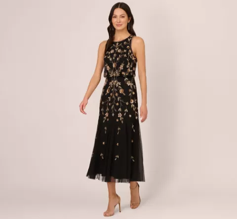 Adrianna Papell Floral Beaded Blouson Tea Length Dress In Black Gold BLACK-GOLD Shop