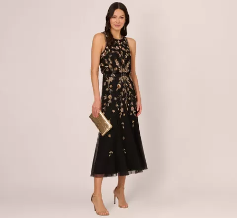 Adrianna Papell Floral Beaded Blouson Tea Length Dress In Black Gold BLACK-GOLD Shop