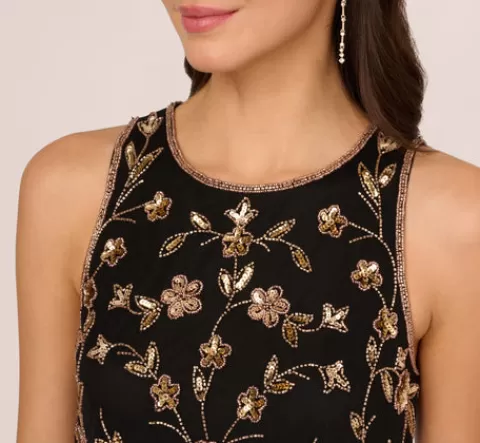 Adrianna Papell Floral Beaded Blouson Tea Length Dress In Black Gold BLACK-GOLD Shop
