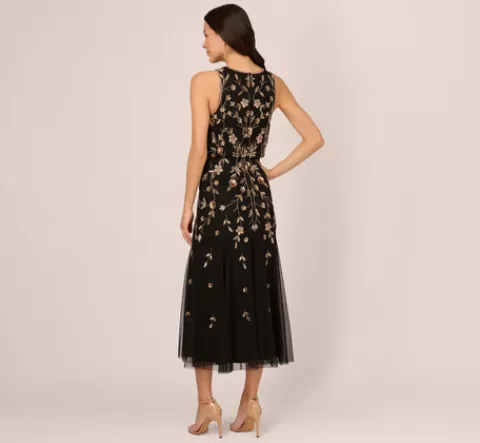 Adrianna Papell Floral Beaded Blouson Tea Length Dress In Black Gold BLACK-GOLD Shop