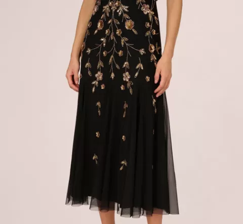 Adrianna Papell Floral Beaded Blouson Tea Length Dress In Black Gold BLACK-GOLD Shop