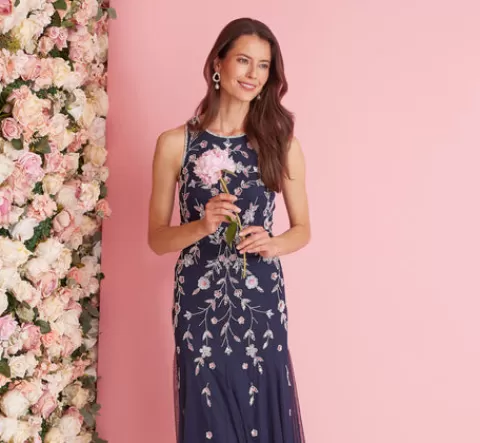 Adrianna Papell Floral Beaded Blouson Tea Length Dress In Navy Blush NAVY-BLUSH Online