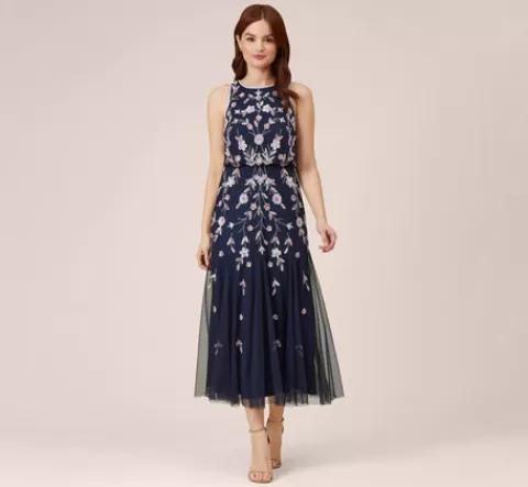 Adrianna Papell Floral Beaded Blouson Tea Length Dress In Navy Blush NAVY-BLUSH Online