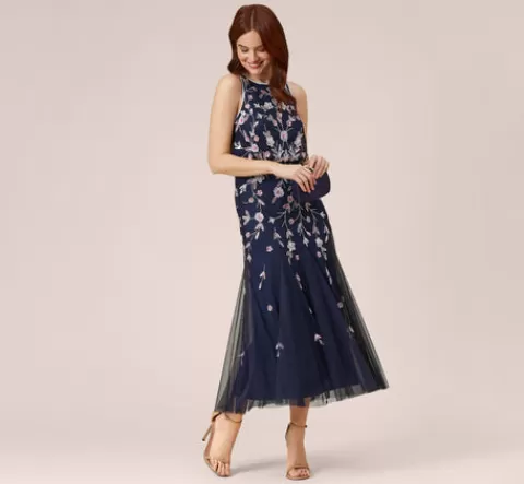 Adrianna Papell Floral Beaded Blouson Tea Length Dress In Navy Blush NAVY-BLUSH Online