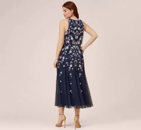 Adrianna Papell Floral Beaded Blouson Tea Length Dress In Navy Blush NAVY-BLUSH Online