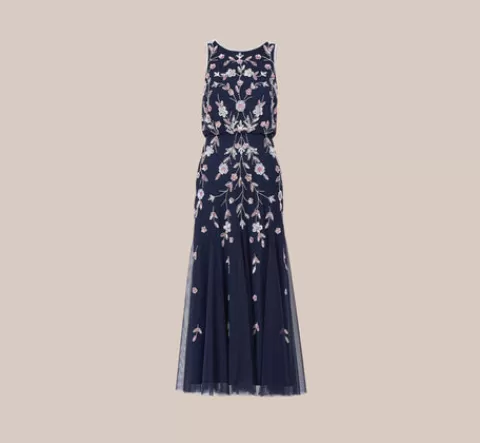 Adrianna Papell Floral Beaded Blouson Tea Length Dress In Navy Blush NAVY-BLUSH Online