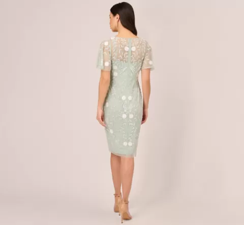 Adrianna Papell Floral Beaded Dress With Sheer Flutter Sleeves In Icy Sage Ivory ICYSAGE-IVORY Cheap