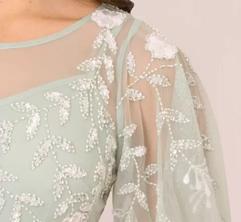 Adrianna Papell Floral Beaded Dress With Sheer Flutter Sleeves In Icy Sage Ivory ICYSAGE-IVORY Cheap
