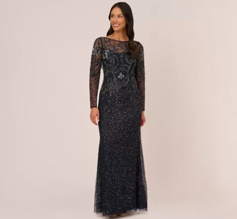 Adrianna Papell Floral Beaded Dress With Sheer Long Sleeves In MIDNIGHT Cheap