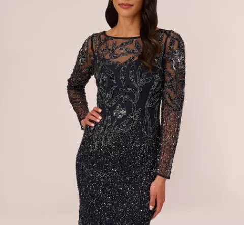 Adrianna Papell Floral Beaded Dress With Sheer Long Sleeves In MIDNIGHT Cheap