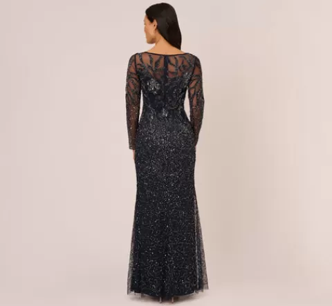 Adrianna Papell Floral Beaded Dress With Sheer Long Sleeves In MIDNIGHT Cheap