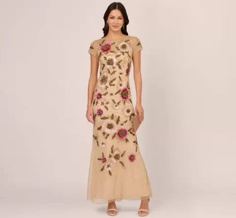 Adrianna Papell Floral Beaded Mermaid Gown With Illusion Neck And Short Sleeves In Nude Multi NUDEMULTI Outlet
