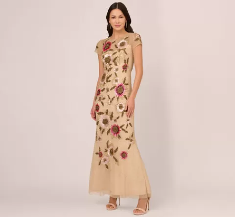 Adrianna Papell Floral Beaded Mermaid Gown With Illusion Neck And Short Sleeves In Nude Multi NUDEMULTI Outlet