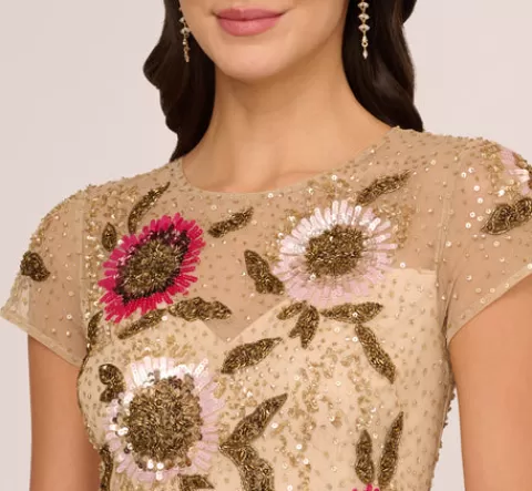Adrianna Papell Floral Beaded Mermaid Gown With Illusion Neck And Short Sleeves In Nude Multi NUDEMULTI Outlet