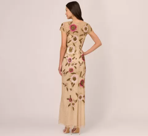 Adrianna Papell Floral Beaded Mermaid Gown With Illusion Neck And Short Sleeves In Nude Multi NUDEMULTI Outlet