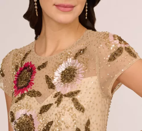 Adrianna Papell Floral Beaded Mermaid Gown With Illusion Neck And Short Sleeves In Nude Multi NUDEMULTI Outlet