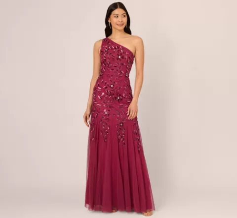 Adrianna Papell Floral Beaded One Shoulder Mermaid Gown With Godet Skirt In SHIRAZ Sale