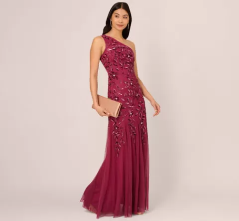 Adrianna Papell Floral Beaded One Shoulder Mermaid Gown With Godet Skirt In SHIRAZ Sale