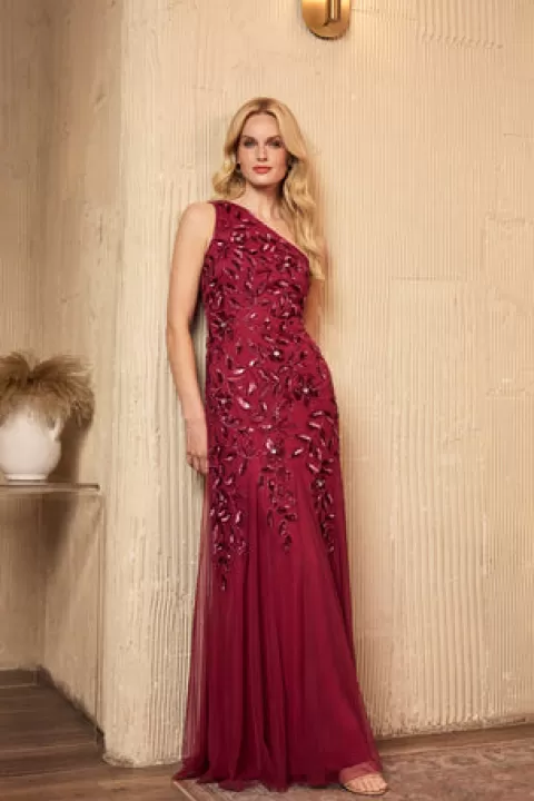 Adrianna Papell Floral Beaded One Shoulder Mermaid Gown With Godet Skirt In SHIRAZ Sale