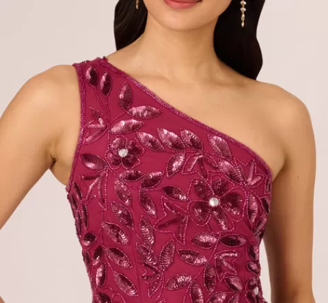 Adrianna Papell Floral Beaded One Shoulder Mermaid Gown With Godet Skirt In SHIRAZ Sale