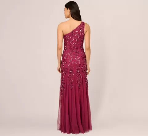 Adrianna Papell Floral Beaded One Shoulder Mermaid Gown With Godet Skirt In SHIRAZ Sale