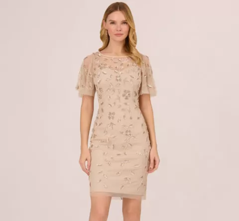 Adrianna Papell Floral Beaded Sheath Dress With Sheer Neck And Sleeves In LATTE Discount