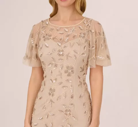 Adrianna Papell Floral Beaded Sheath Dress With Sheer Neck And Sleeves In LATTE Discount