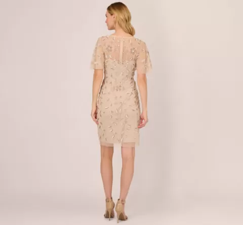 Adrianna Papell Floral Beaded Sheath Dress With Sheer Neck And Sleeves In LATTE Discount