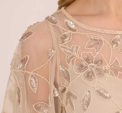 Adrianna Papell Floral Beaded Sheath Dress With Sheer Neck And Sleeves In LATTE Discount