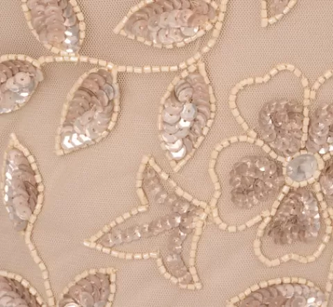 Adrianna Papell Floral Beaded Sheath Dress With Sheer Neck And Sleeves In LATTE Discount