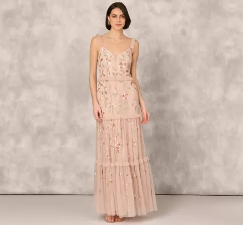 Adrianna Papell Floral Beaded Tiered Gown With Ruffle Details In Pink Multi PINKMULTI Hot