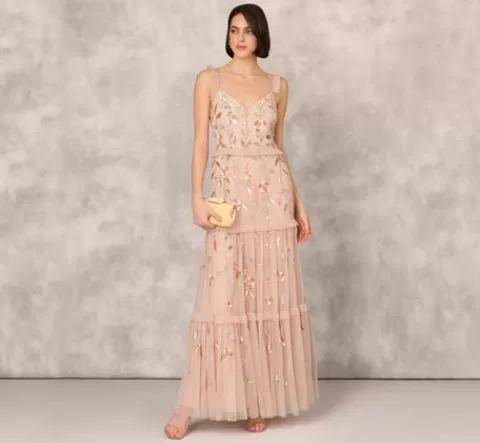 Adrianna Papell Floral Beaded Tiered Gown With Ruffle Details In Pink Multi PINKMULTI Hot