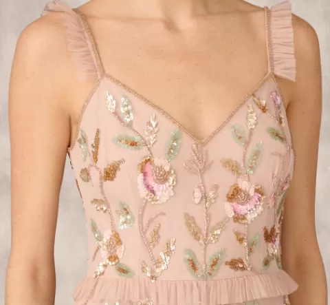 Adrianna Papell Floral Beaded Tiered Gown With Ruffle Details In Pink Multi PINKMULTI Hot