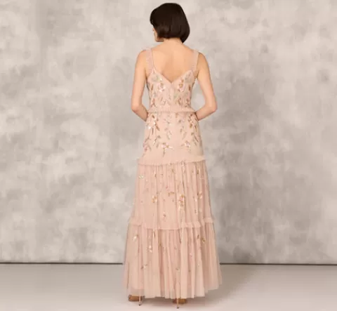 Adrianna Papell Floral Beaded Tiered Gown With Ruffle Details In Pink Multi PINKMULTI Hot