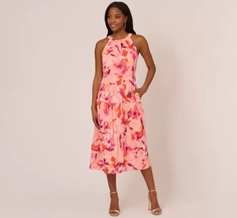 Adrianna Papell Floral Chiffon Halter Dress With Tiered Skirt In Apricot Multi APRICOTMULTI Cheap