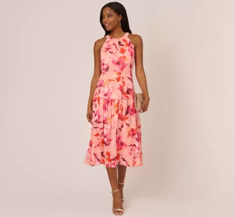 Adrianna Papell Floral Chiffon Halter Dress With Tiered Skirt In Apricot Multi APRICOTMULTI Cheap